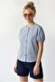 4896 Women's Gingham Elastic Cufflinks Shirt Blue