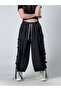 Women's Black Wide Leg Loose Trousers with Rope Detail Coc3237