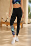 Women's Black Tropical Leaf Patterned High Waist Gathering Tights with Stripe Detail - 2