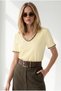 Women's Yellow V-Neck Chain-Embellished Stretchy Ribbed T-Shirt Tsh-19001018 - 4
