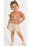 Girl's T-Shirt with Perfect Lettering and Floral Pattern, Shorts with Elastic Waist and Pockets, Brown Color Set - 2