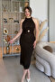 Halter Neck Glittering Elegant Brown Midi Dress with Gold Accessories - 3