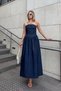 Navy Blue Strapless Waist Gathered Zipper Closure Women's Denim Midi Dress - 2