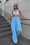 Blue Side Striped Waist Tie Pocketed Atlas Fabric Women's Sweatpants - 2