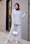 Line Patterned Buttoned Trousers Linen Suit - Blue - 3