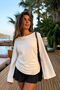Women's Light Beige Boat Neck Blouse with Gathered Sides and String Detail at the Back Arm-26K001085