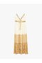 Ethnic Patterned Shimmering Long Thin Strap Dress with Tie-Up Detail - 3