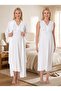 New Season Ecru Shawl Collar Lace Detailed Summer Special Design 100% Cotton Maternity Dressing Gown Nightgown Set - 3