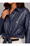 Women's Satin Look Striped Long Sleeve Oversize Shirt - Navy Blue - 3