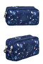 Navy Blue Flower Patterned Tr1 Crinkle Fabric Double Pouch Pen Holder Pen Case Kampa