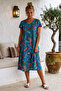 Petrol Green V-Neck Short Sleeve Patterned Casual Viscose Woven Dress 113 64