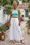 White Lined Foldable Fabric Waist Casual Cotton Long Woven Skirt 95 65 - 2