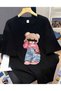 Women's Bear Printed T-Shirt with Girl's Glasses and Pink Bag