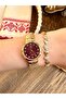 Round Tiny Stone Detailed Gold Inside Burgundy Women's Wristwatch
