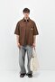 Oversize Text Printed Short Sleeve Shirt Coffee - 4