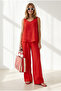 Women's Red Top V-Neck Bell Blouse Bottom Pocketed Pants Soft Textured Suit Tkm-19000413 - 2