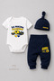 Baby 3-Piece Set Yellow Navy Blue Fan Themed Short Sleeve 100% Cotton Newborn Bodysuit Pants Hat Set I'M Ready for My First Match 0-9 Months - 6