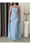 Baby Blue Strapless Floral Stone Embroidered Long Evening Dress with Shawl Detail - 5