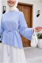 Asymmetrical Cut Waist Tie Striped Policoton Blouse -Blue - 4