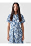 Blue Shirt Collar Patterned Jean Dress with Belted Waist - 2