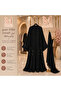Luxury Gulf Women's Black Abaya with Sheila - 3D Fabric Flowers & Black Rhinestones & Wide Sleeves - 3