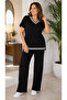 Women's V-Neck Stripe Detailed Two-Piece Set – Comfortable Fit Wide-Leg Pants Casual Set - 4