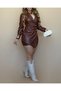 Women's Long Sleeve Double-Breasted Mini Leather Dress with Collar, Front Gathered and Buttoned Asymmetrical Cut Detail - 2