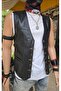 Genuine Leather Large Button Hook Detail Biker Leather Vest - 3