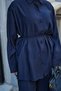 Women's Folded Sleeve Detail Shirt Collar Waist Tie Suit Navy Blue - 5