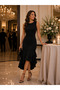 Nighttime Elegance |   Women's Sleeveless Asymmetrical Flounce Midi Crepe Event Dress - 2