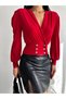 Women's Red Double Breasted Collar Waist Button Detailed Corseted Long Sleeve Body Blouse Evening Dress - 3