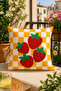 4-Piece Decorative Digital Printed Throw Pillow Cover + 40X140 cm Runner Set Yellow Checkered Strawberry Patterned Modern Living Room & Kitchen Set - 4