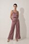 Rose Dried Satin Comfortable Cut Pants with Pocket and Leg Details - 3