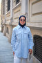 Women's Double Pocket Detail Hidden Button Self-Patterned Linen Shirt Blue
