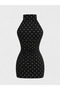 Black Dress with Polka Dots Halter Neck Gathered Stylish - 2