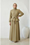 Stone Detailed Zippered Belted Hijab Double Set 0335-02 Khaki