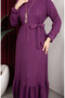 Bürümcük Fabric Striped Belted Hijab Dress 0908-03 Plum - 4