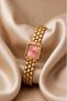 Cantien Women's Wristwatch Gold Steel Band Square Case Pink Dial Quartz Analog Premium Wrist Watch Stylish Elegant Watch - 3
