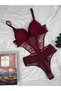 Burgundy Lace Tulle Detailed Snap Fastener Bodysuit