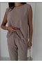 Women's Pique Sleeveless Blouse Elastic Waist Lace-Up Pocketed Trousers Two-Piece Set - 3
