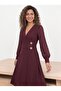 Double Crepe Fabric Chiffon Sleeves Double Breasted Collar Belted Evening Dress Burgundy 36-42 25263 - 2