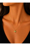 Women's Gold Color Green Clover Figured Zircon Stone Detailed Necklace