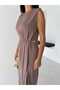 Women's Pique Textured Modal Sleeveless Waist Gathered Gold Brooch Slit Elegant Midi Dress - 3