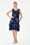 Navy Blue Italian Floral Patterned Zero Sleeve Lined Short Dress 38 - 42 Size