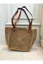 Handmade Wicker Shoulder Bag with Brown Leather Handles, Handmade Look, Large Beach and Casual Women's Bag - 4