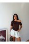 Women's Bitter Brown One-Shoulder Boat Neck Side Gathered Oysho Blouse Frv0215 - 8