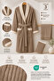 Eldy Contrast Striped Bathrobe Set, 3 Pieces, 100% Cotton Certified Şalyaka Bathrobe Set - Beige Color - 3