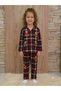 Girl's Cotton Plaid Teddy Bear Patterned Long Sleeve Shirt Collar Buttoned Seasonal Pajama Set