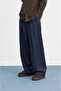 Men's Deep Pleated Fabric Baggy Trousers Navy Blue - 5