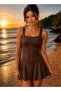 Women's Strappy Shorts Skirted Brown Swimsuit – with Chest Pads - 2